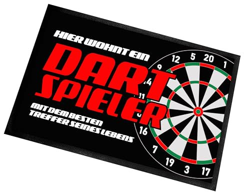 Fußmatte | Türmatte mit Spruch | 60x40cm | Hier wohnt ein Dartspieler mit dem besten Treffer seines Lebens | für innen und außen | Vorleger für die Haustür / Flur | Geschenk zur ersten Wohnung