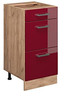 Vicco Küchenunterschrank R-Line, Bordeaux Hochglanz/Goldkraft Eiche, 40 cm mit Schubladen, AP Eiche