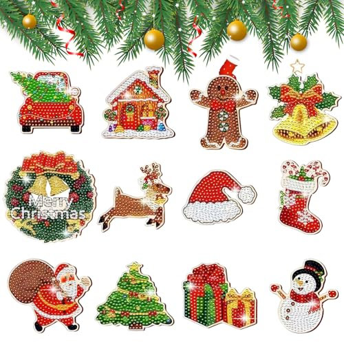 12 Pcs Diamond Painting Fridge Magnet DIY Mini Diamond Stickers Magnetic Refrigerator Sticker for Kids Fridge Crafts Christmas Decoration Home Decor