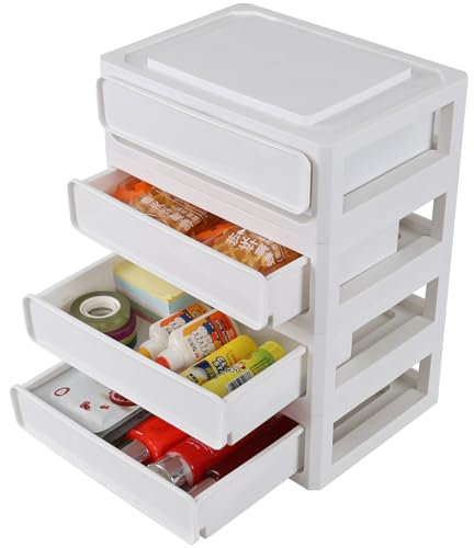 Annkky 4 Pack Plastic Stacking Storage Drawer, White Plastic Desktop Storage Drawers