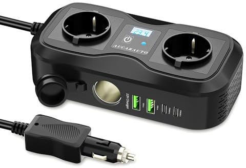 AUCARAUTO 7in1 USB-C Wechselrichter 12V auf 220V, 200W Spannungswandler Stromwandler mit 2 kfz Steckdose, 10A Zigarettenanzünder Verteiler, 4-Port 4.8A USBC und USBA, Laden Sie Ihr Laptop, Dash Camera