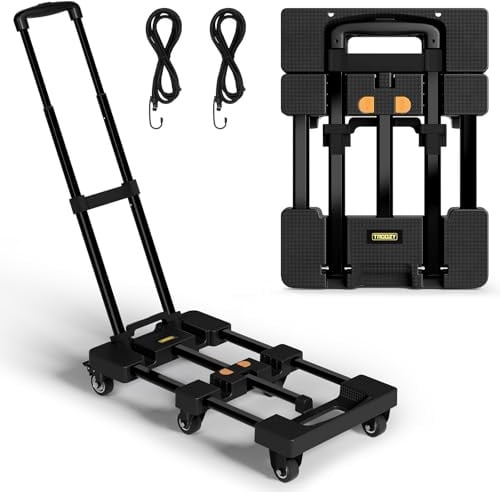 Diable Pliable, Chariot Robuste avec 6 Roues, capacité de 226,8 kg, Plaque Extensible de 66 cm, 2 Sangles élastiques, Chariot Utilitaire Pliable pour déménagement, Bagages, Voyage, Shopping, Noir