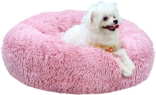 MDDK DY Hundebett Katzenbett - Flauschiger Waschbarer Rundkorb, Donut Kissen, rutschfeste Unterseite, 60 cm, Geeignet für Kleine bis Mittlere Hunde und Katzen, Rosa