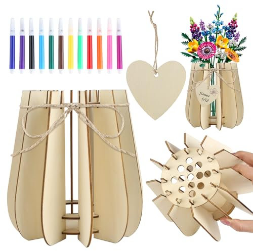 Vaso per Fiori Lego, 3D Vaso Legno per Bouquet Lego, Vaso di Fiori Puzzle in Legno con 12 Matite Acquerellabili Colorate per Rose, Girasoli, Tulipani, Orchidee