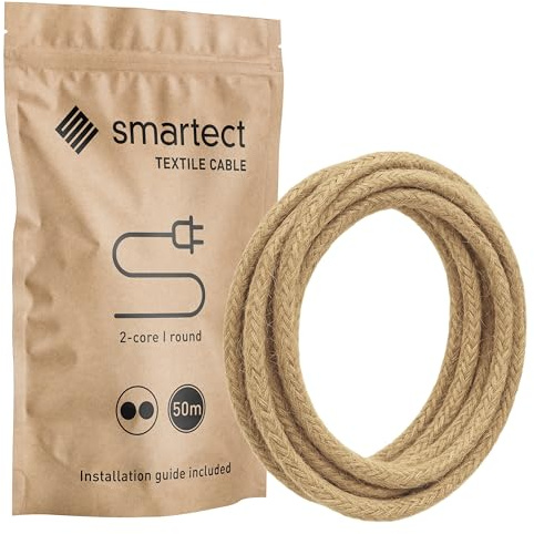 smartect Textilkabel 2-Adrig (2 x 0.75 mm²) Jute, 50 Meter | Vintage Lampenkabel Stoff, Stromkabel textilummantelt für eigenes DIY Projekt