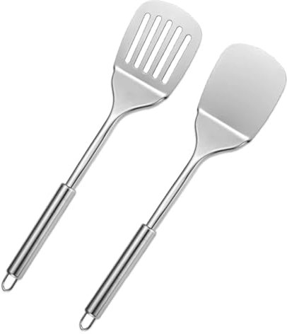 Komoke Pfannenwender Edelstahl - 34,5 cm Küchenutensilien mit Rundstiel, Spatel und Schaufel für Pfannkuchen, Fisch & Eier, Spülmaschinenfest