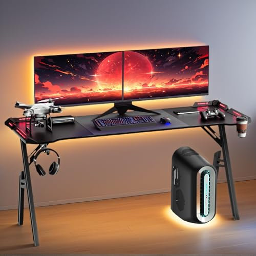 Alpstorm Table de Jeu Design 160x60cm - Plateau Carbone avec Éclairage Ambiance, Support Accessoires et Structure Renforcée