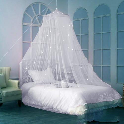 Mosquitera colgante rosa redonda para cama de princesa, color blanco, a prueba de polvo, de malla fina, con estrellas luminosas que brillan en la oscuridad (blanco, 60 x 250 x 850 cm)