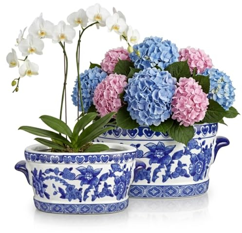 Briful Set of 2 Blue and White Ceramic Pots - Vintage Planter Floral Oval Cachepot Vase for Indoor Plants & Flowers - Glazed Chinese Porcelain Style Decorative Bowl - 7.4 & 10.6 Size - No Drainage