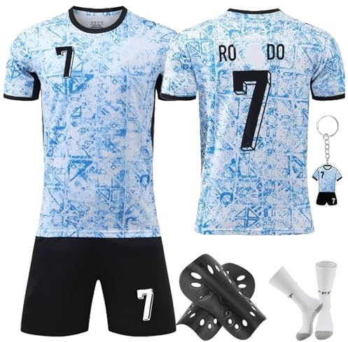yumcute Fußball Trikot, Fussball Trikot Kinder mit Schienbeinschoner und Schlüsselanhänger, 22/24/26/28 Fußball Trikot Kinder Fussball Jersey Trainingsanzug für Junge Herren
