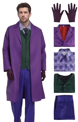 Woparty Joker, costume da Carnevale, costume di carnevale, cappotto viola con gilet camicia, pantaloni cravatta guanto, set da 6 pezzi, costume da Halloween da uomo (M)