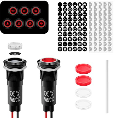 FILN 2Stück 12mm LED Metall Anzeigelampe 12V-24V DC Kontrollleuchte(Rot) | Kontrollleuchte Signallampe IP67 Wasserdichte Metallgehäuse mit 180 Symbolen für Auto,Boot,Industrie,Schalttafel
