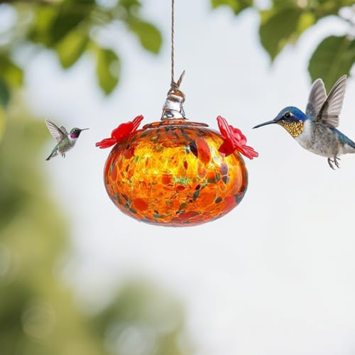 Fhlprte Kolibri-Futterstelle, ausbaufähige, auslaufsichere Vogel-Tränke aus Buntglas – Vogelhäuschen, 7 x 8 cm, mit Ameisenschutz, handgefertigtes Gartendekor-Geschenk für Vogelliebhaber (Orange)
