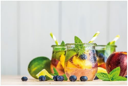 Wallario Küchenrückwand aus Glas 90 x 60 cm, Motiv: Erfrischender Eistee mit Pfirsichen und Blaubeeren | Spritzschutz abwischbar & pflegeleicht