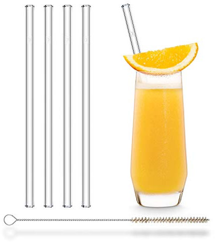 HALM Pailles en Verre Réutilisables - 4 Pièces Droites 20 cm + Brosse de Nettoyage Sans Plastique - Lavables au Lave-Vaisselle - Écologiques - Tubes en Verre pour Long-Drinks, Smoothies, Jus