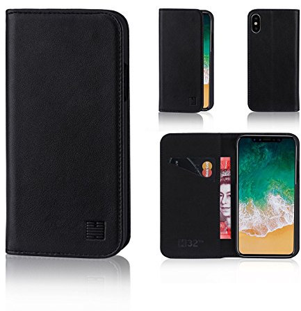 32nd Classic Series - Real Leather Book Wallet Flip Case Cover For Apple iPhone X & iPhone XS, Real Leather Design With Card Slot, Magnetic Closure and Built In Stand - Black