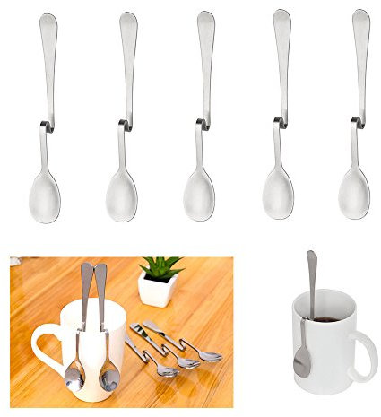 Lot de 5 cuillères à café en acier inoxydable Plier häng Extrémités Tasse Miel Cuillère courbes Suspension Cuillère à confiture