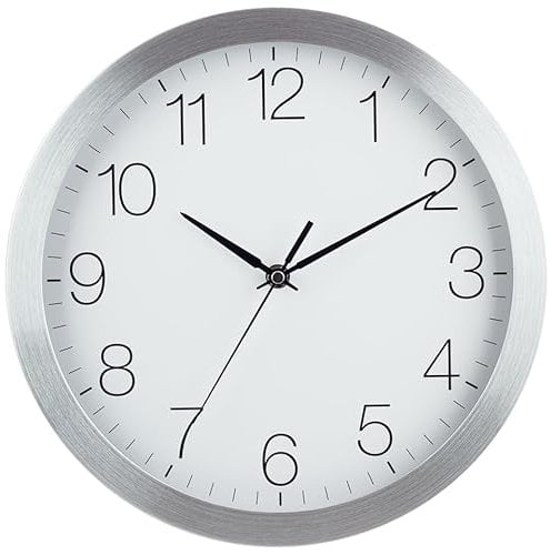 EUROTIME Quarzwanduhr, 30 cm, Aluminiumgehäuse, Echtglas, klares 12-Zahlen Zifferblatt, geräuscharmes Uhrwerk, kein Ticken, Wanduhr für Wohnbereich oder Büro, schwarze Sekunde, wandanliegend, 86130-07
