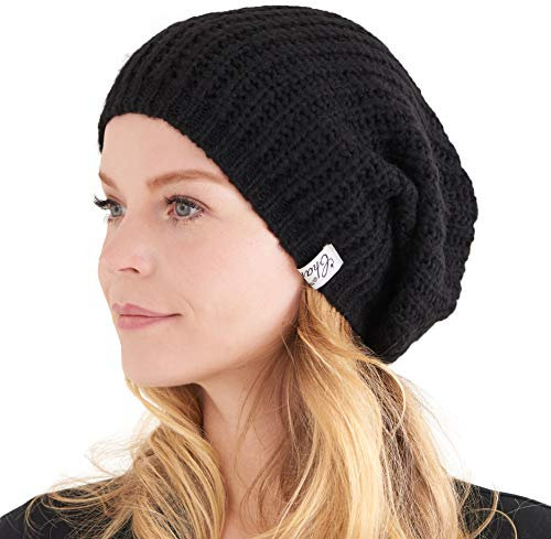 Chapeau Femme Bonnet Homme Hiver - Grand Beanie Slouchy Tombant en Tricot Souple Surdimensionné Chaud pour Grosse Tete Dreadlocks Mode Japonais Noir