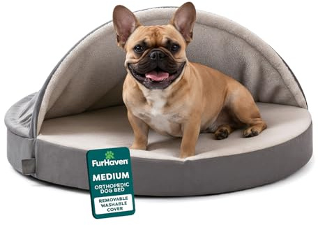 Furhaven 26 Round Orthopedic Dog Bed for Medium/Small Dogs w/ Removable Washable Cover, For Dogs Up to 30 lbs - Sherpa & Suede Snuggery - Gray, 26-inch