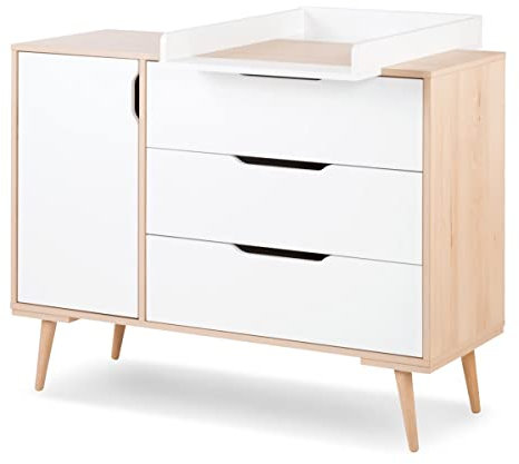 Mon Mobilier Design Sofie Wickelkommode mit Schubladen und Regalen im skandinavischen Stil, Weiß/Holz