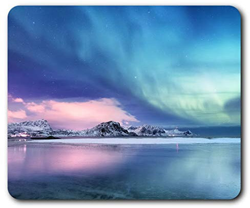 Destination Vinyl Ltd Winter Landscape Scenery Mouse Mat Pad - Green Blue Pink Aurora Borealis Northern Lights Lofoten Islands Norway Water Winter Ocean Sea Beach Magical #21166