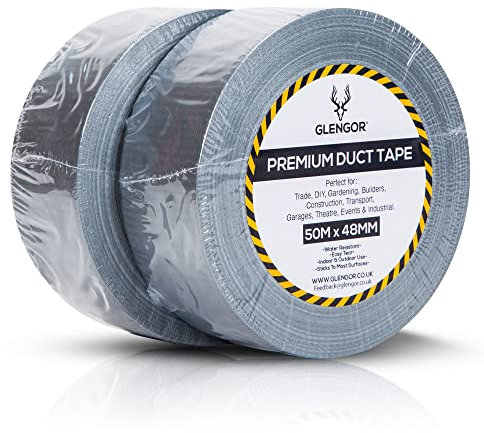 Glengor Silver/Grey Duct Tape - 2 Pack, 48mm x 50m | Heavy Duty 2 inch Thick Gaffer Tape | Waterproof, Easy Tear, Indoor/Outdoor Use | For Tool Kit, Trade, DIY, Garden, Builders & Garage Tapes
