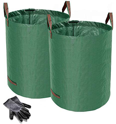 Heavy Duty Garden Waste Bags - 600 Litre - 2 Sacks - BONUS 1 Pair Gardening Gloves - Industrial Fabric and Handles - Green/Garden Waste Sacks, Reusable - Norjews
