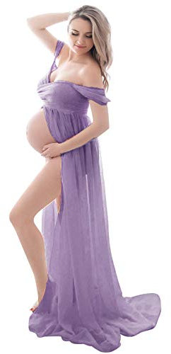 FEOYA-Photographie de Maternite Maxi Robe Tube Top Robe sans Bretelles Traînant Longue Robe Fendue Avant Jupes Photographiques Hors Epaule pour Prise de Photo Sexy Elegant,L,Violet Clair