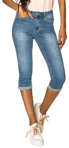 Nina Carter P132 Jean Capri Skinny Fit pour Femme Pantacourt Taille Haute Effet Usé et Lavage, Bleu (P132-5), M