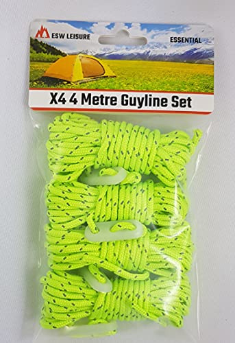 ESW LEISURE Guyline Ropes 4 Pack For Tents Awning Camping Strong Lightweight Paracord Guy Rope With Tensioner Guy Lines Fishing Caravan Gazebo (Reflective Fluorescent 4M, 4 Metre X4 XL 4 Pack)