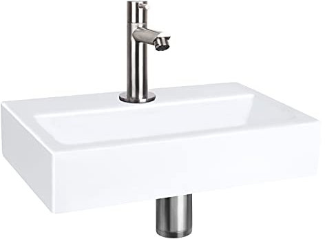 Differnz Flat Waschbecken - Waschtisch Keramik Weiß - Gerade Armatur Matt Chrom - Komplettset - 38 x 24 x 7 cm