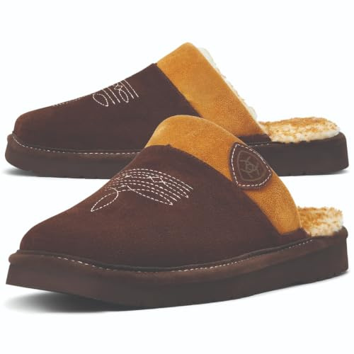 ARIAT Men’s 2842 Silversmith Outdoor Indoor Western Suede Foam Cushioned Square Toe Slipper, Chocolate/Chestnut, 11
