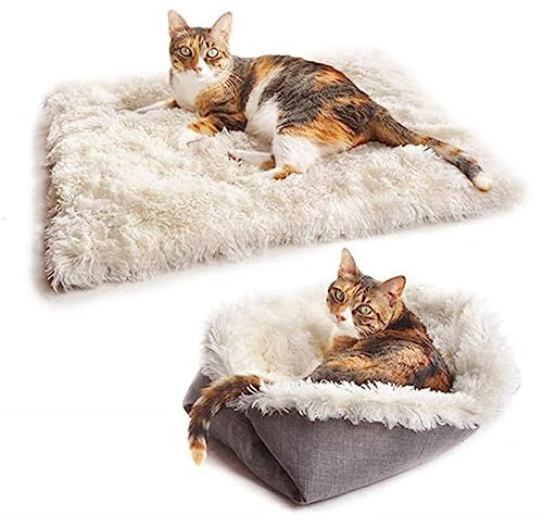 Katzenbett Waschbar Plüsch Haustierbett für Katzen und Kleine Hunde, 2 in 1 Katzenbett Schlafsack Warmes Haus Katzenkissen Katzendecke Waschbares Nest Bett Bett für Katzen, Trockner geeignet, (NC890)