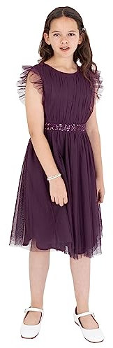 Maya Deluxe Mädchen Midi Dress for Girls Sequins Embellished Birthday Party Frill Short Sleeves Bridesmaids Wedding Brautjungfernkleid, Berry, 9-10 Years