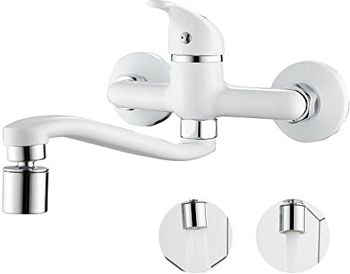 Maynosi Miscelatore Cucina Lavello Parete, Rubinetto Cucina con 2 Funzioni Spruzzatore, Lunga Bocca Girevole 360 Gradi, Compresi Accessori di Installazione, Ottone (Bianco)