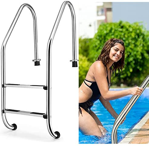 Lsoiup Schwimmbeckenleiter, Poolleiter aus Edelstahl 304, rutschfest, rostfrei, im Boden, Poolleiter mit 2-Stufen-Pedal für Freibäder