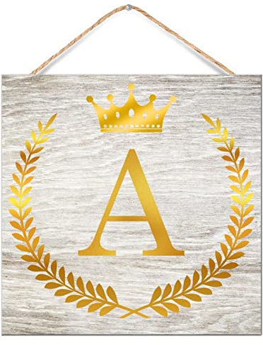 NABRAND Goldener Buchstabe A Farmhouse Rustikales Holzschild Monogramm Initiale Personalisierter botanischer Kranz Holzlasur Schild für Badezimmer Küche Kinderzimmer Dekor 30 x 30 cm