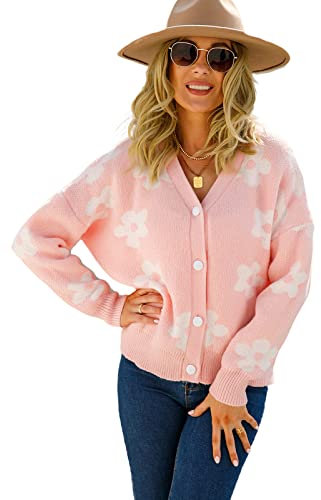 HEYPORK Damen Herbst Winter Warm Bequem Jacke Casual Mode übergangsjacke Mantel Frauen Herbst/Winter Strickjacke mit Blumen Kaschmirjacke(Rosa, L)