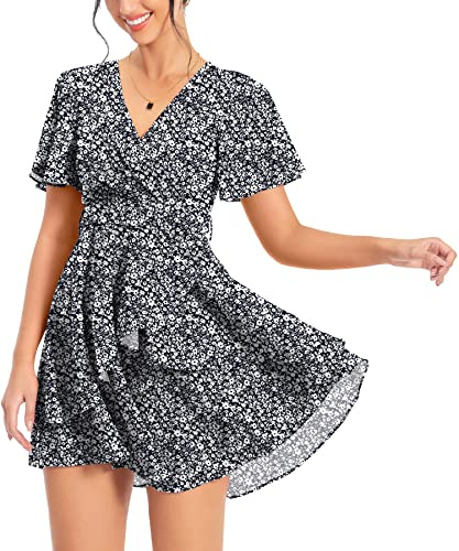 PCEAIIH Women's Cocktail Dresses Short Sleeve Empire Skater Dress Deep V-Neck Waist Tie Ruffle Mini Swing Dresses L Floral Black