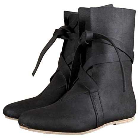 Mittelalter PU Leder Ritterstiefel Renaissance Mittelalter Cosplay Stiefel Herren Damen Vintage Stiefel Flache Unterseite Schnürschuhe für Cosplay Karneval Party (black43)