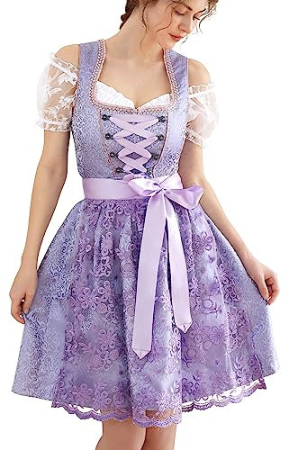 Dirndl Damen Midi Trachtenkleid inkl. Trachtenrock Dirndlbluse Dirndlschürze Germandress für Oktoberfest Lila 42