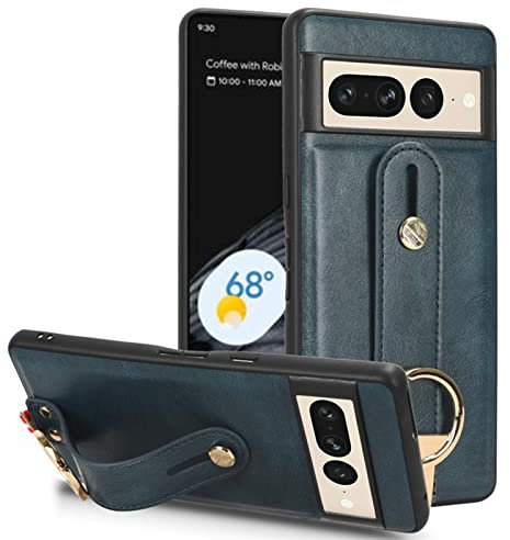 DENSUL Slim Case for Google Pixel 7/7 Pro,Wrist Strap Case, Back Ring Hook and Bottle Opener Function Shockproof TPU Bumper Phone Cover,Blue,7