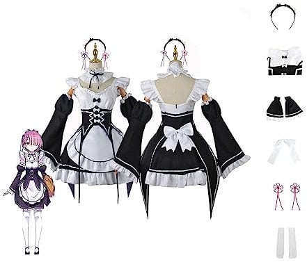 VIDOJI Anime Rem Ram Cosplay Kostüm Dienstmädchen Kleid Halloween Kostüm Komplettset mit,XXL-Black