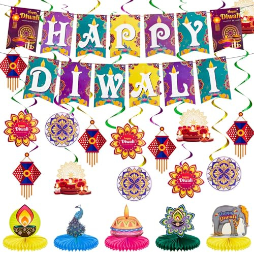 Tenare Diwali Party Dekorationen mit Happy Diwali Girlande Banner Party Hängende Wirbel Waben Mittelstück Tischaufsätze Indische Zubehör für Hindu Motto Dekoration