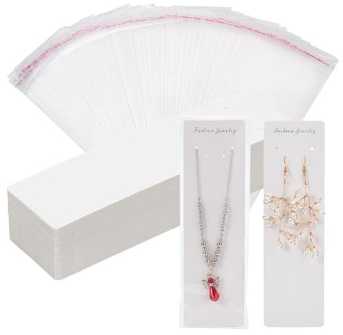 PH PandaHall 100pcs carte de Présentation pour Collier Long avec 100 sacs Transparents Autocollants, Cartes D'Exposition de Bijoux Blanches Cartes Suspendues en Papier Porte-Collier