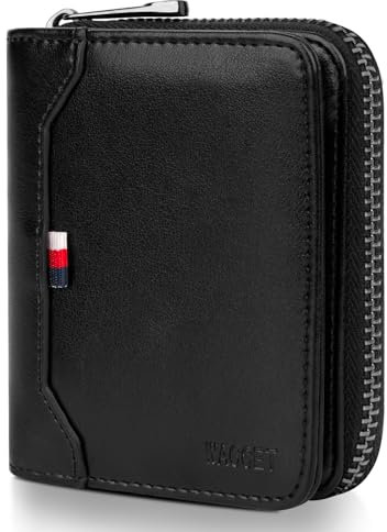 WACCET Echtes Leder Geldbörse Herren, Herren Geldbörsen RFID Schutz Geldbeutel Herren mit 17 Kartenfächern, 1 Banknotenfach, 1 Ausweisfenster, Portmonee Herren Reißverschluss mit Geschenkbox (Schwarz)