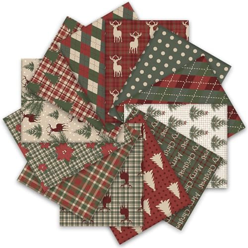 Whaline Baumwollstoffbündel mit Weihnachtsstern, Rentier, Baum, bedruckt, Fat Quarter, kariert, für Weihnachten, Basteln, 45,7 x 55,9 cm, 12 Stück