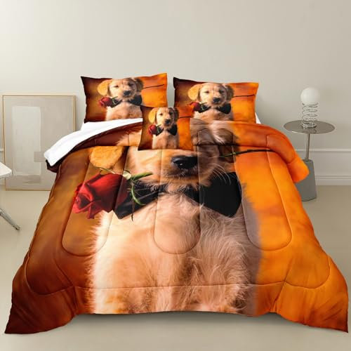 Merryword Süßes Hunde-Bettwäsche-Set für King-Size-Bett, Golden Retriever, Rosenmuster, Tier, Haustier-Bettwäsche-Set, weiches Bettwäsche-Set für Hundeliebhaber, Bettwäsche für Kinder, Teenager,
