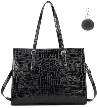 LI&HI Damen Handtasche Elegant Women's Handbag Shopper für Schule Umhängetasche Schwarz with Haarball 43 x 14 x 33cm (Krokodilmuster)